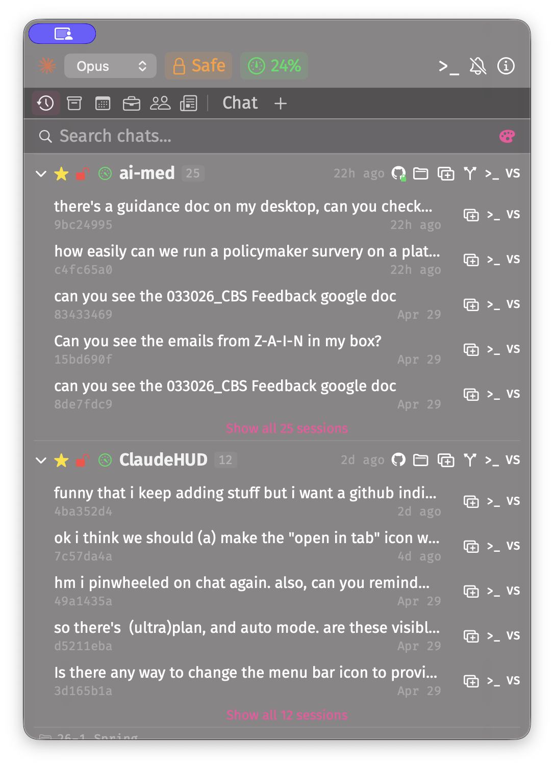 ClaudeHUD floating panel showing recent chats grouped by project